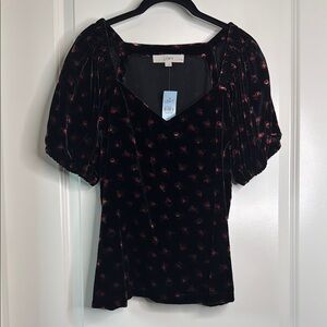 LOFT Black and Red Floral Velvet Women's Top